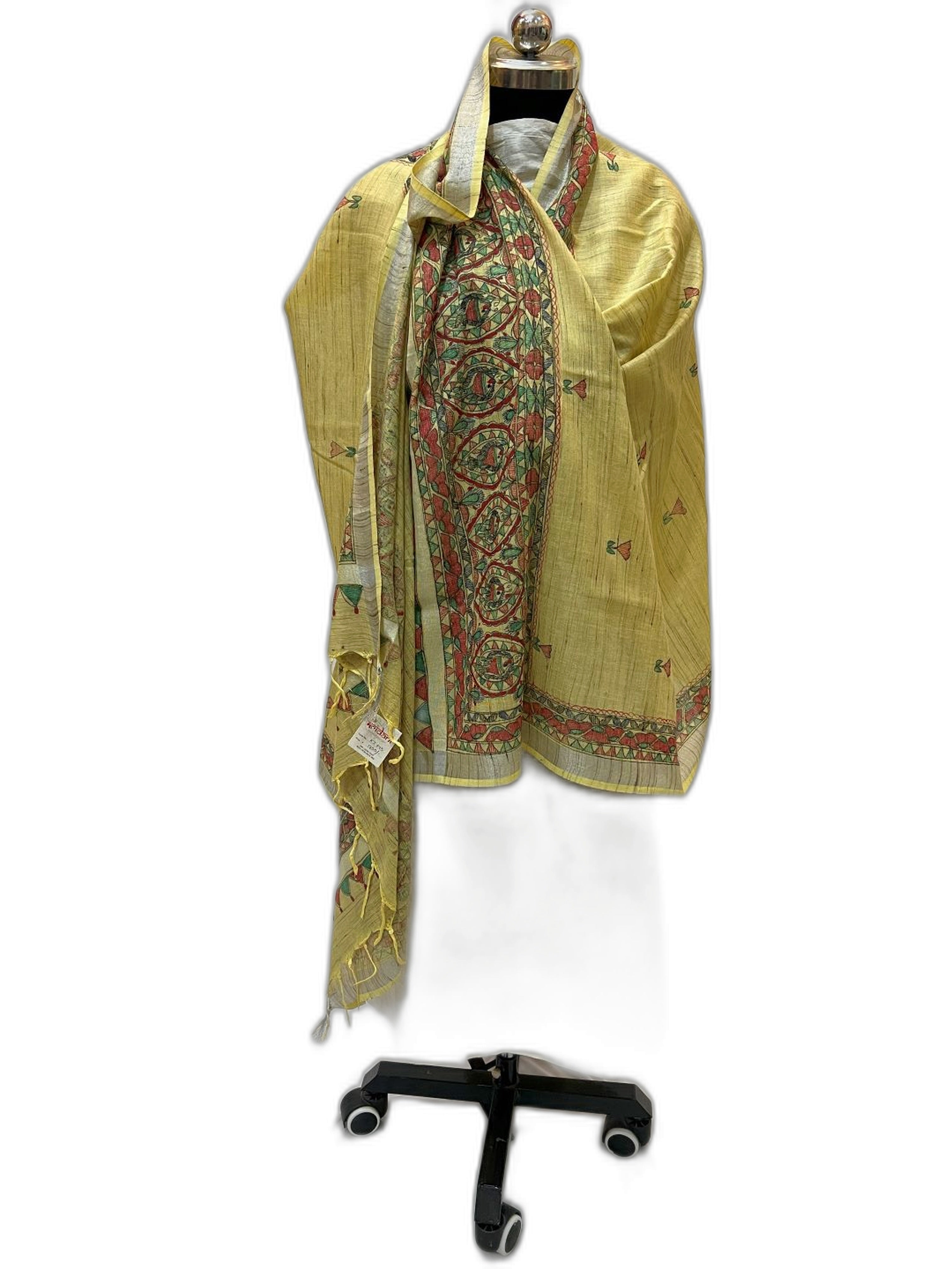 Hand-Painted Cotton Dupatta with Silver Zari Border